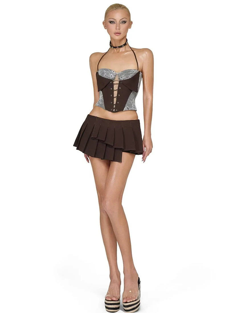

Sisjuly Spicy Girl Diary Lace Patchwork See-through Neck Strap Asymmetrical Pleated Short Skirt Set Women Casual Wear