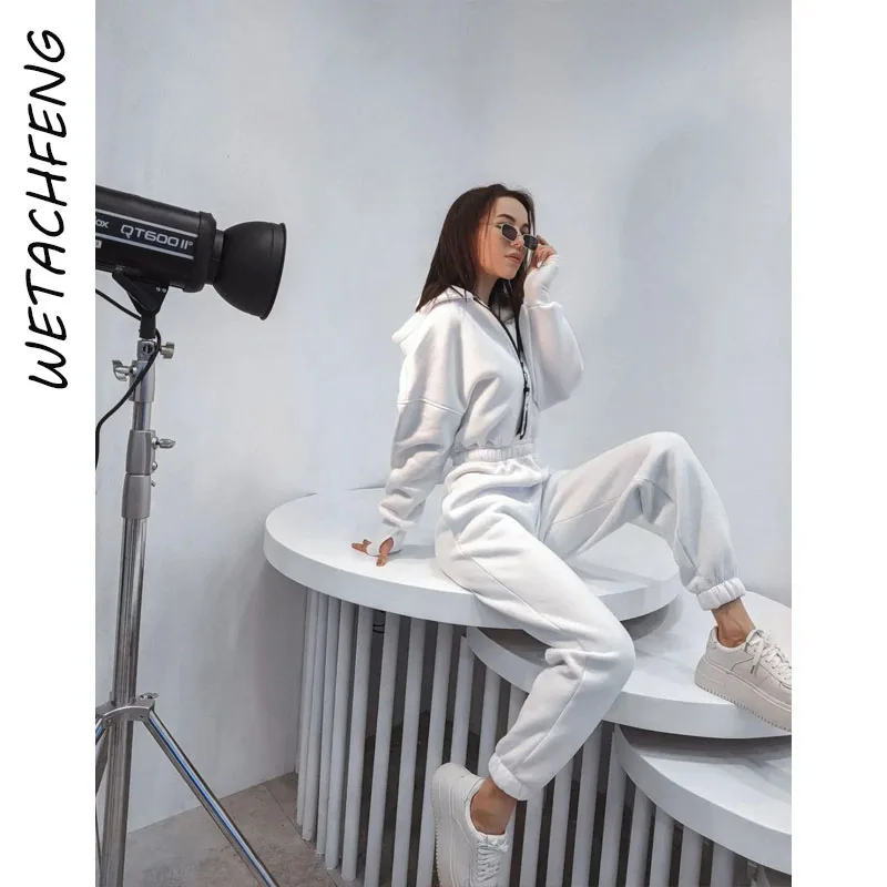 White Overalls For Women Autumn Winter Fleece One Piece Hooded Zipper Long Sleeve Sweatshirts Pants Outfits Jumpsuits Clothes