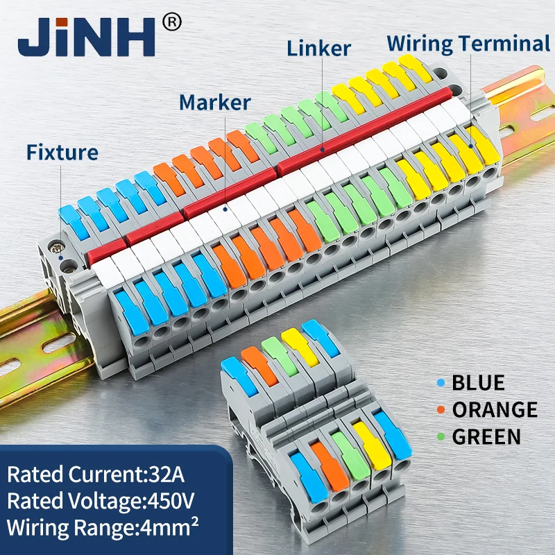 JINH Din Rail Terminal Block Electrical Conductor Universal Fast 4mm²/11AWG Cable Connector With Number Strip Set 450V 32A