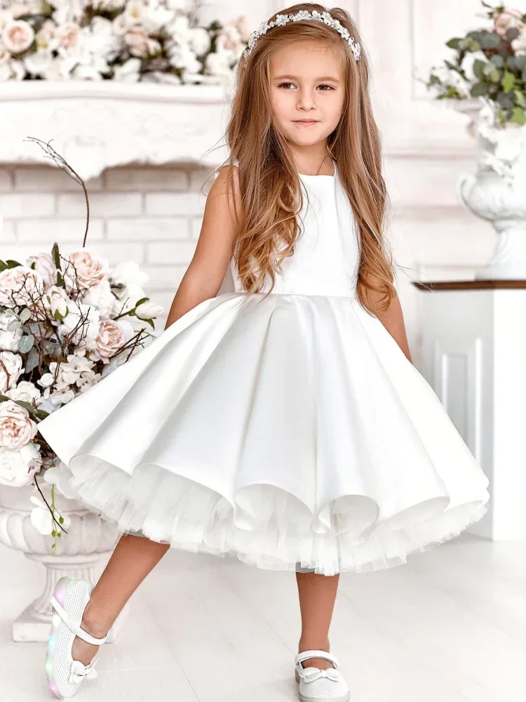Vestidos de flores para niña, vestidos de desfile para niña, satén blanco con lazo sin mangas para boda, fiesta de cumpleaños, banquete, vestidos de princesa