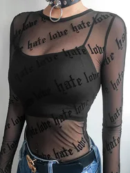 Sexy Women Mesh T-Shirts See-Through Perspective Tshirt Letter Printed O Neck Transparent Long Sleeve T Shirt Tops Women