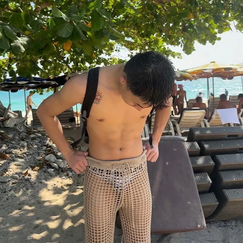 Men Hollow Out Tropical Fishnet Long Pants Male Beach Holiday Wild Ethnic Trendy Trousers Mature Desire Sheer Summer Pantalons