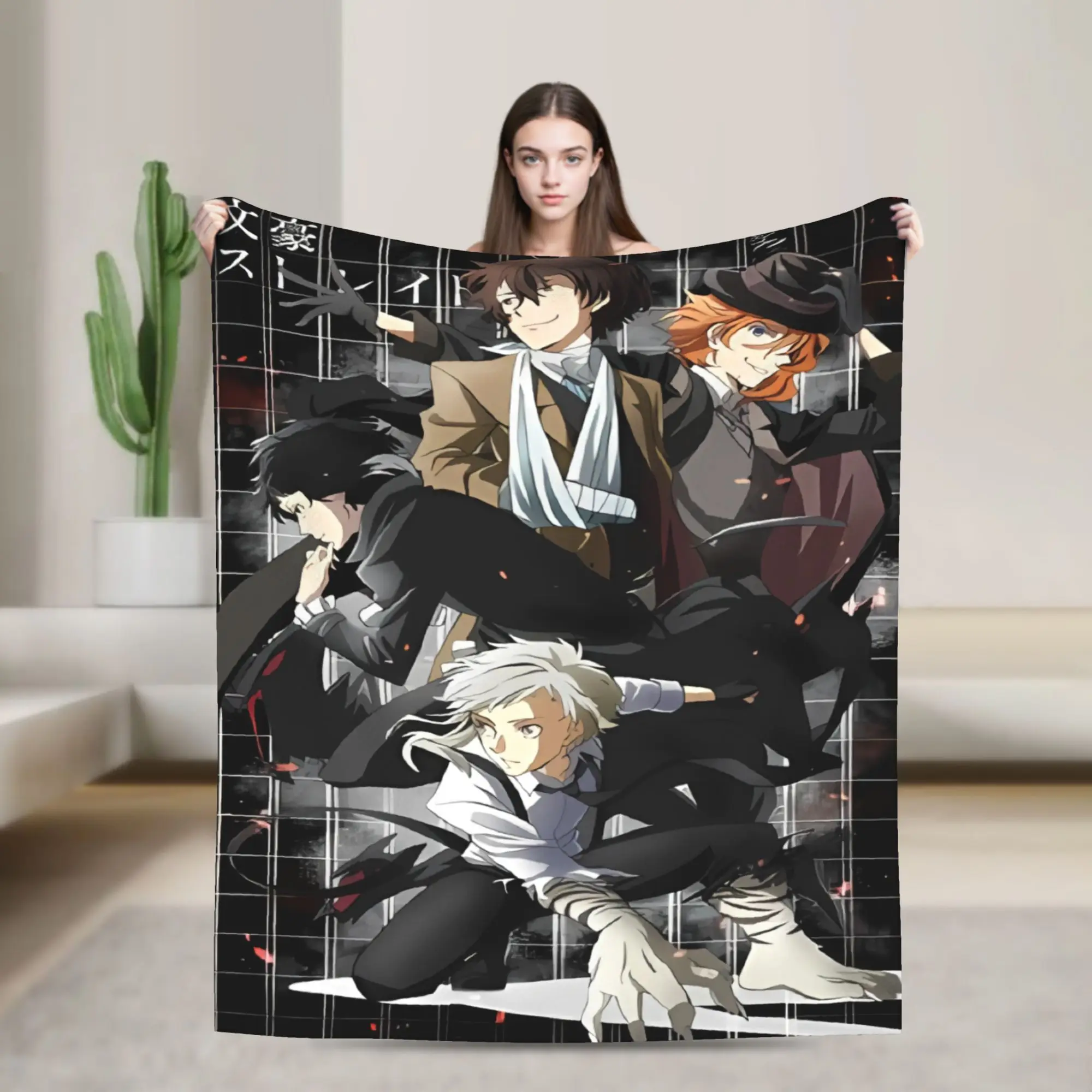 Bungo Stray Dogs Flannel Blanket  Super Warm Throw Blanket for Home Decor Airplane Travel Pattern Bedspread Sofa Bed Cover