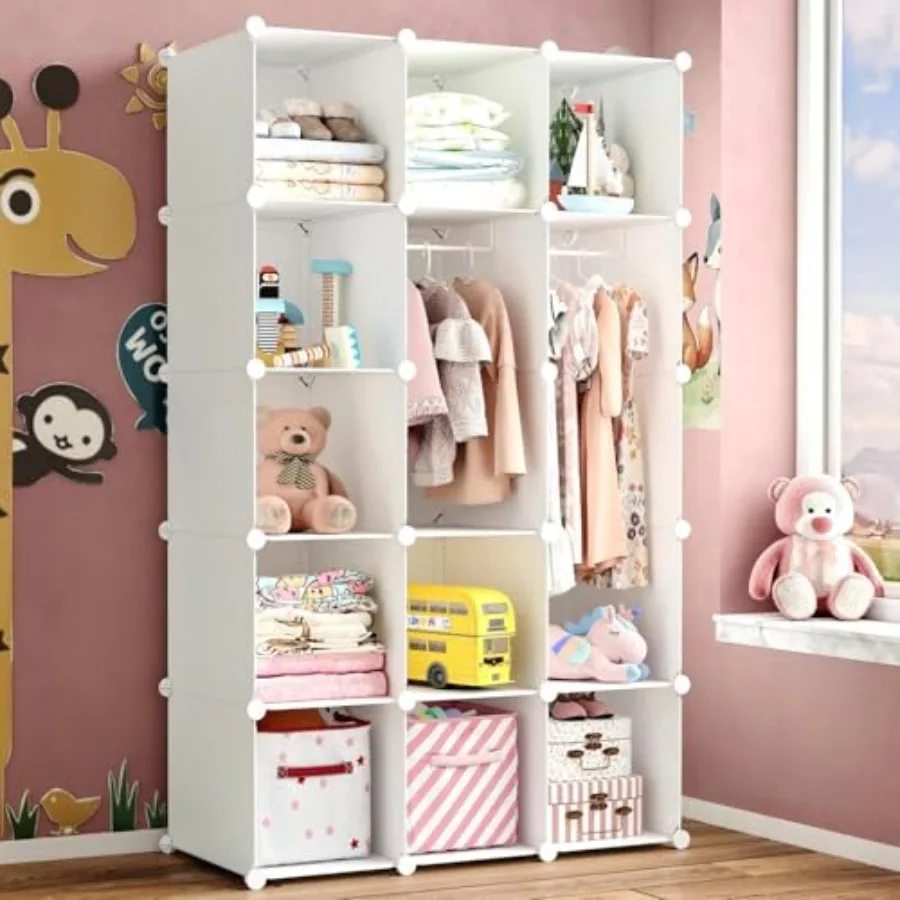 Modular Baby Wardrobe Closet Portable Organizers and Storage for Nursery 15 Cubes with Hanging Rods Multi-Functional Storage Sh