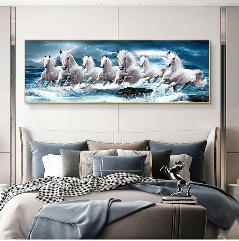 7 White Running Horses Canvas Painting  Animal Posters and Prints Wall Art Picture