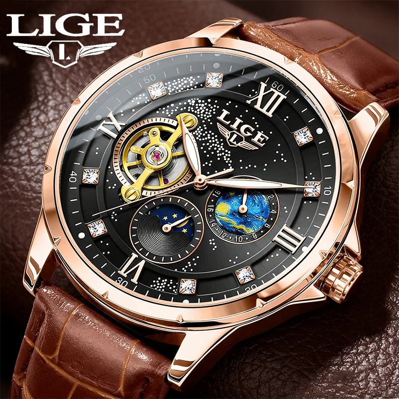 

LIGE Top Luxury Mechanical Watches Men Fashion Diamonds Automatic Mens Watch 30M Waterproof Luminous Wristwatches Reloj Hombre