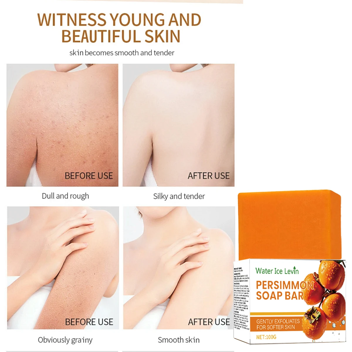 Saponetta al collagene cachi Esfoliazione delicata. Schiuma Denser. Acido ialuronico Acido ascorbico. Tocopherol a base vegetale.