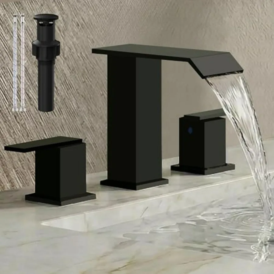 

RV remodel bathroom faucet: 8-inch widespread 3-hole matte black waterfall sink faucet with pop-up drain anti-splashing and sta