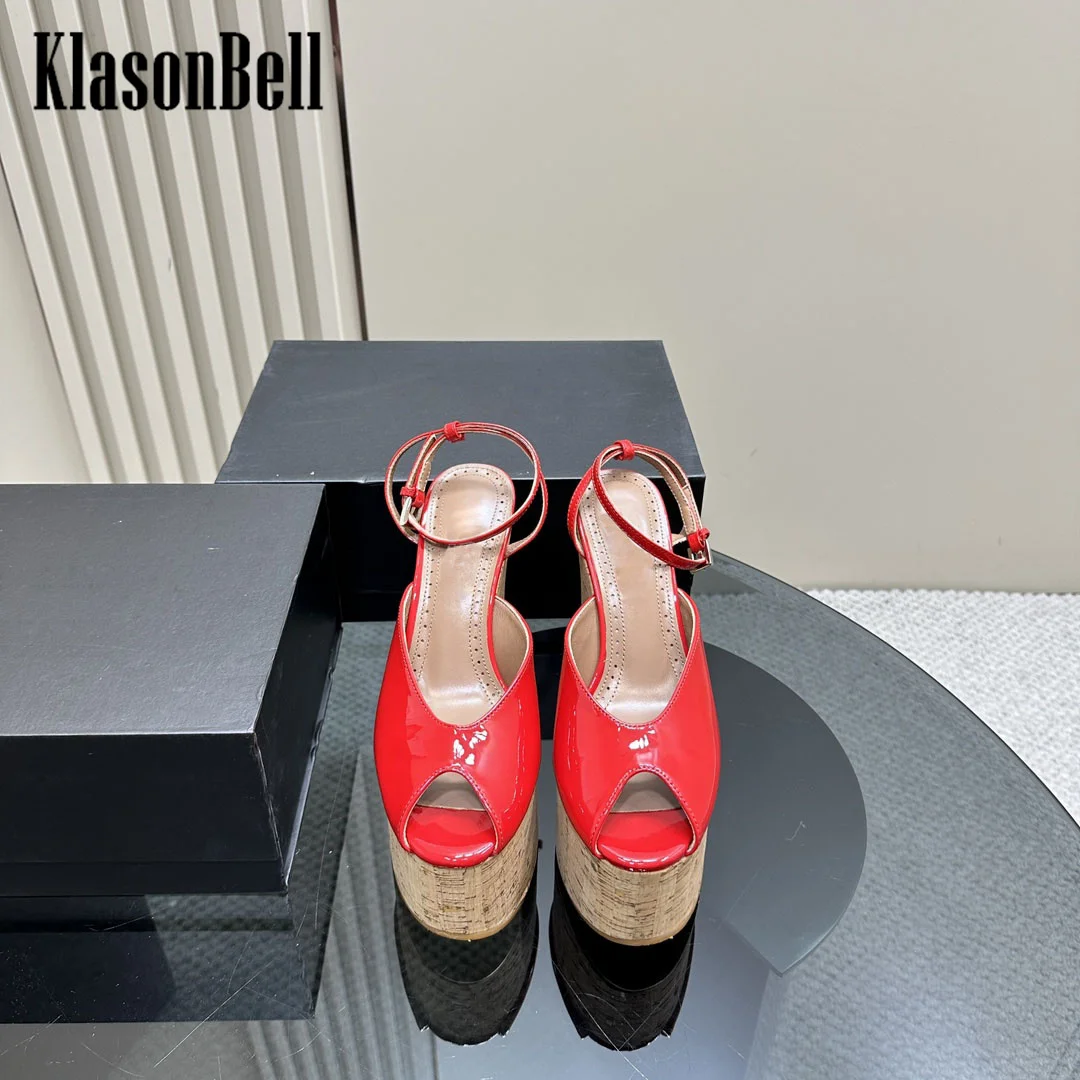 7.22 KlasonBell Europe America Fashion High Heel Women Sandals Patent Leather Sexy Peep Toe Wedges Sandals 2024 Summer New