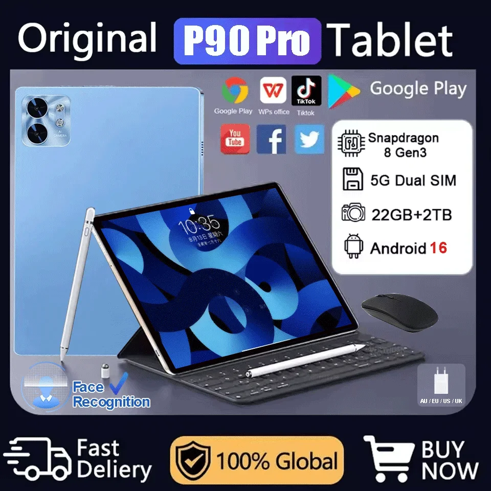 

2025 NEW Pad P90 Pro Tablet 11inch 22GB+2TB Tablets Android 16 Snapdragon8gen3 Tablette PC Face Recognition 20000mAh 5G Dual SIM