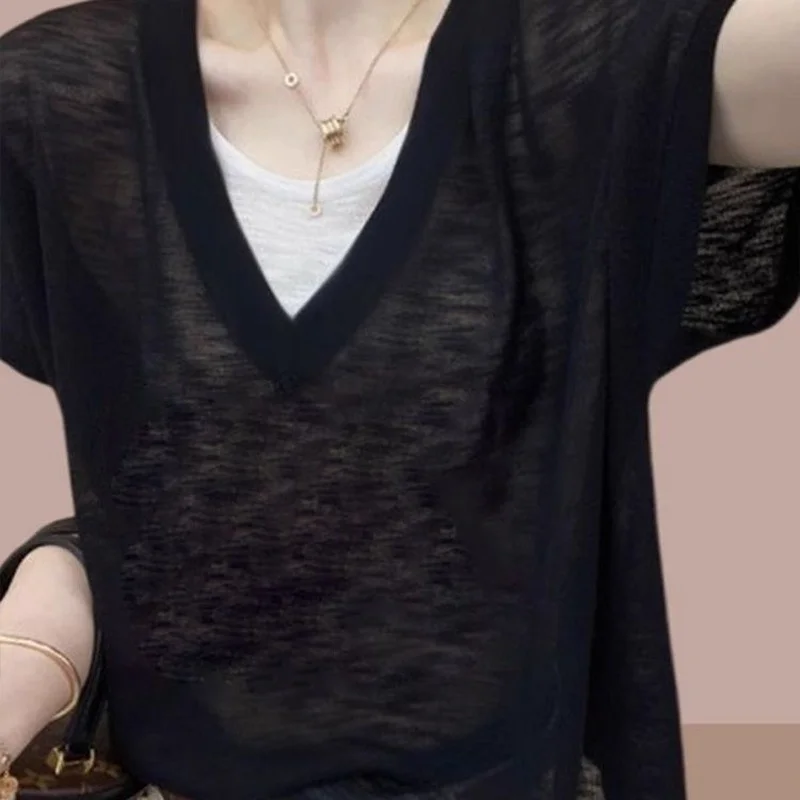 حجم كبير 300 Pou Fat MM وهمية قطعتين جوفاء V-Ne لصق ort Sve الصيف رقيقة النسخة الكورية فضفاض تي شيرت