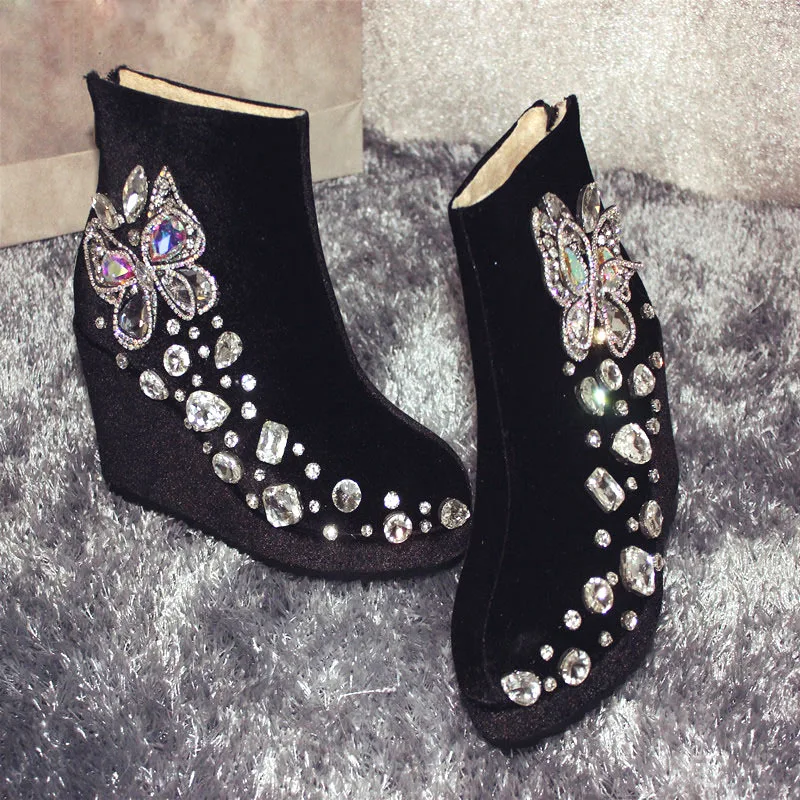 

Super Bling Rhinestone Butterfly Velvet Ankle Boots Ladies Platform Wedge High Heel Winter Plush Inside Woman Short Bottines