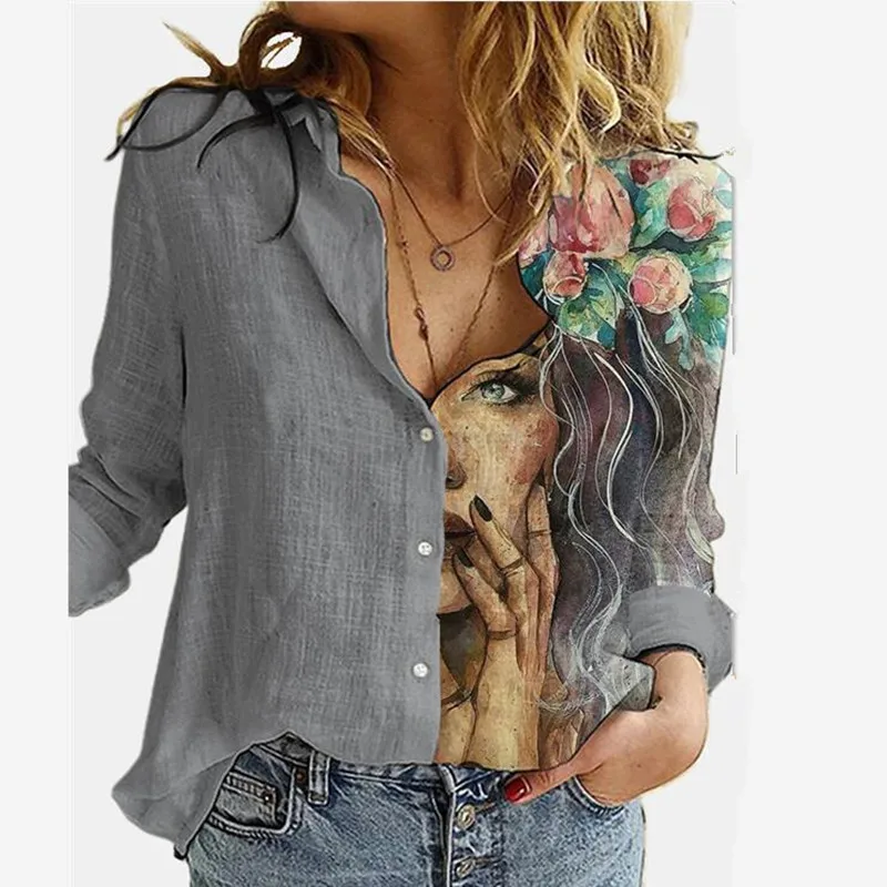 Aprmhisy Autumn Elegant Print Shirts Women Turn Down Collar Button Long Sleeve Casual Street Shirt Blouses