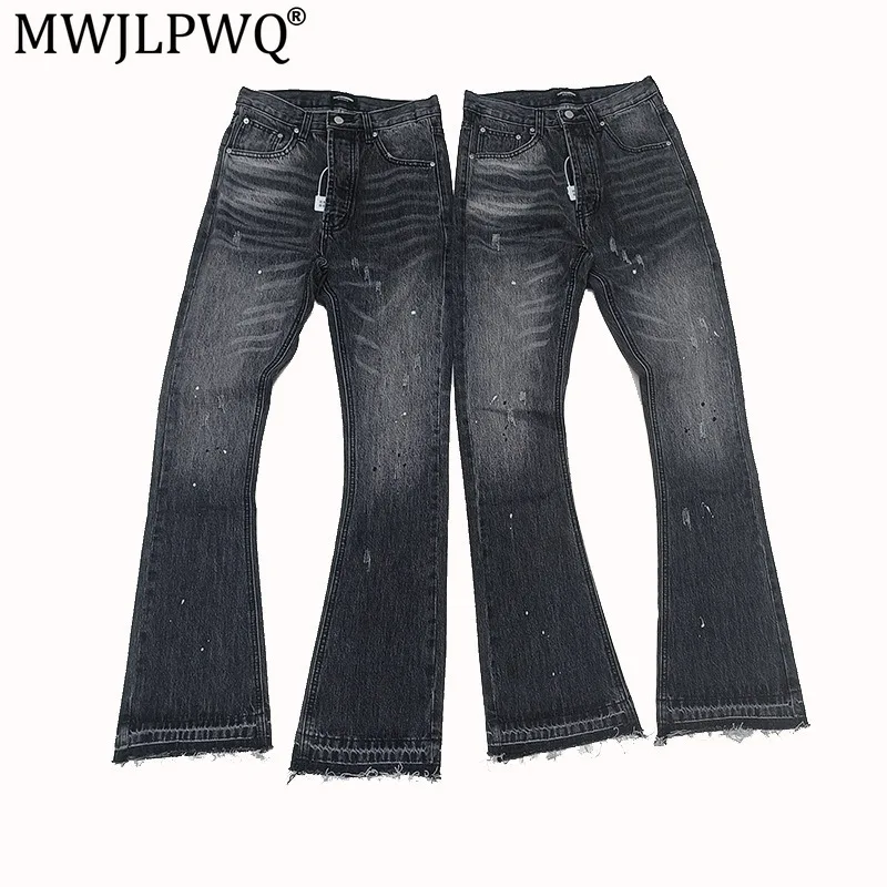 MWJLPWQ Scimitar Washed Black Gray Flared Ink Splash Jeans Men High Street Cleanfit Slimming Denim Trousers Spring Autumn 21164
