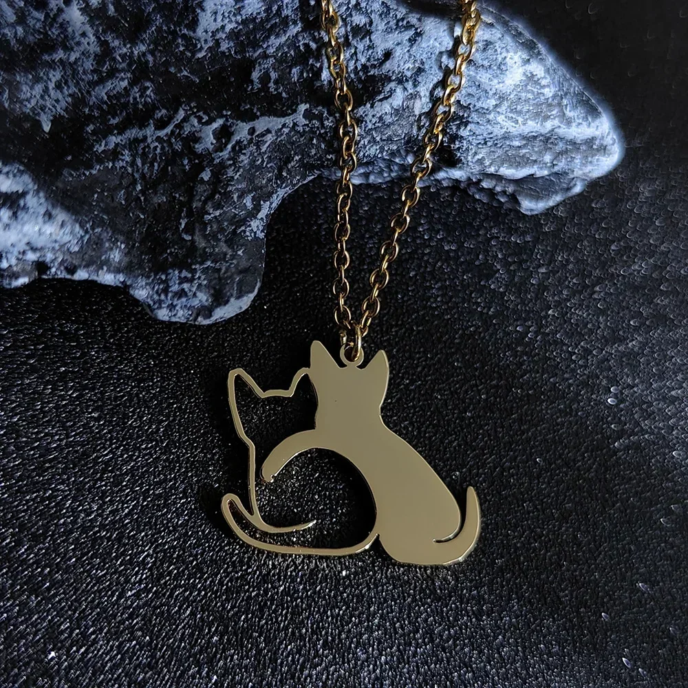Double Cat Pattern Pendant Necklaces for Women Cute Couple Gold Choker Fine Animal Stainless Steel Jewelry Valentine's Day Gifts
