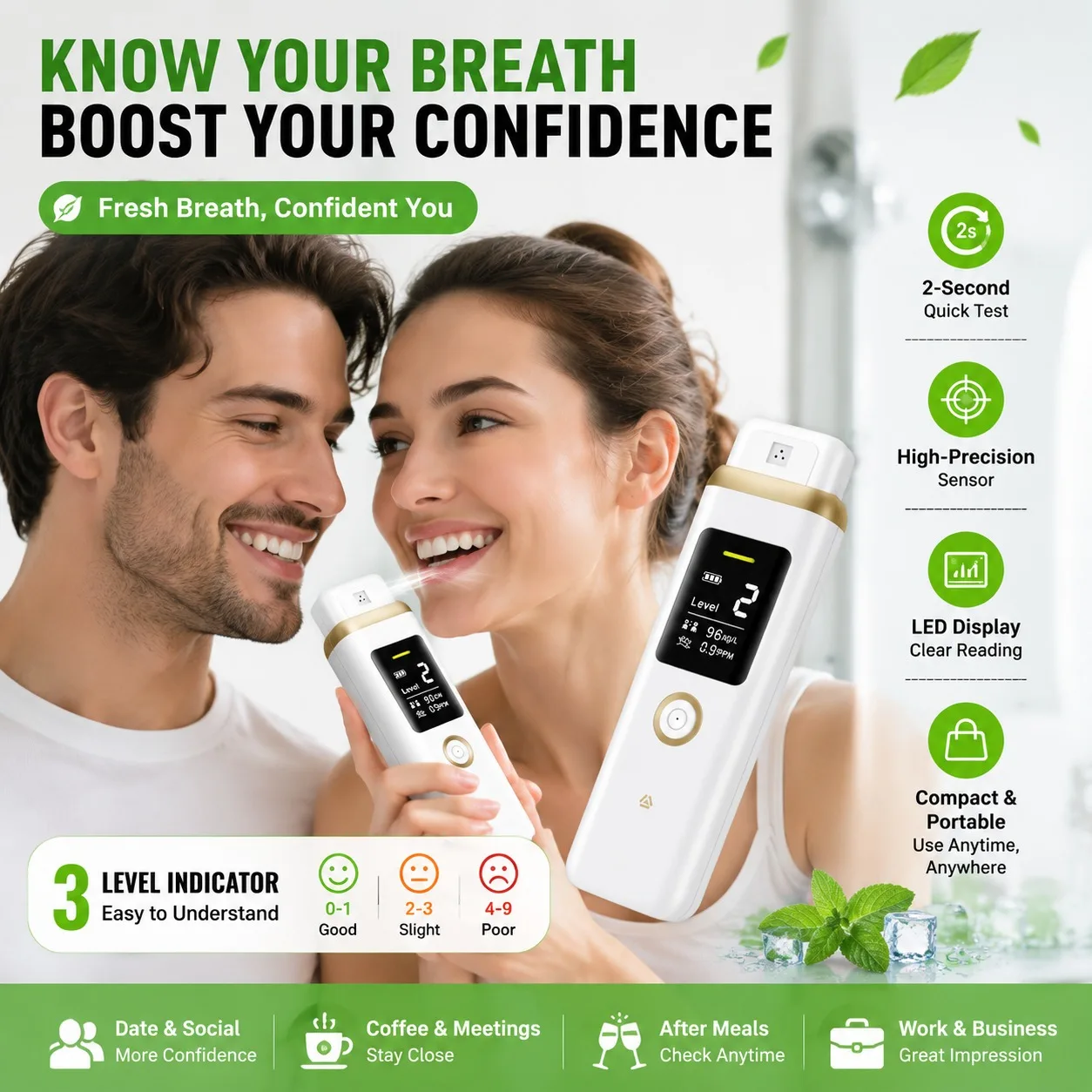 Digital Breath Tester Bad Breath Detector Portable Halitosis Analyzer High Precision Sensor LED Display Oral Hygiene Checker