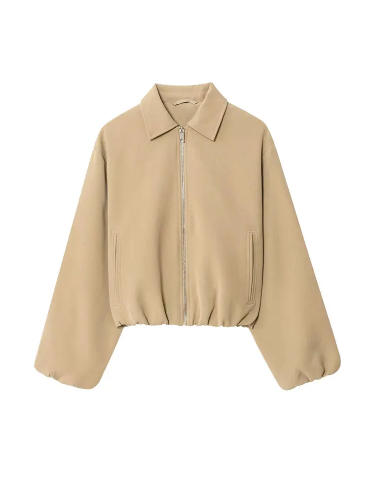 เสื้อแจ็คเก็ตทรงบอมเบอร์หลวมสำหรับผู้หญิง มีกระเป๋า แขนยาว ปกเสื้อแบบปกเชิ้ต ซิปด้านหน้า เสื้อคลุมแฟชั่นสุดชิค