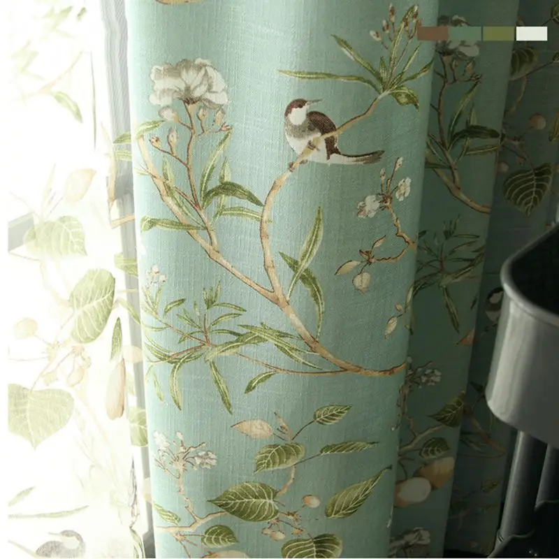 American Country Garden Cotton Linen Green Window Curtains For Living Room Birds Printed Bedroom Window Blackout Drapes WP145-40