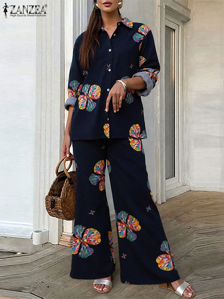 

ZANZEA Elegant Women Pant Sets 2025 Floral Printed Long Sleeve Shirt and High Waist Wide Leg Pants Oversize Vintage Outfits 2PCS