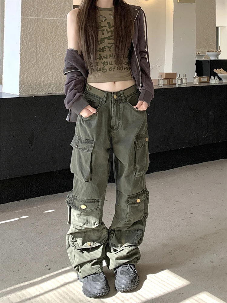 Women American Vintage Japanese Harajuku Y2K Streetwear Baggy Low Rise Dark Academia Cargo Denim Pants 2000s Grunge Jeans Goth