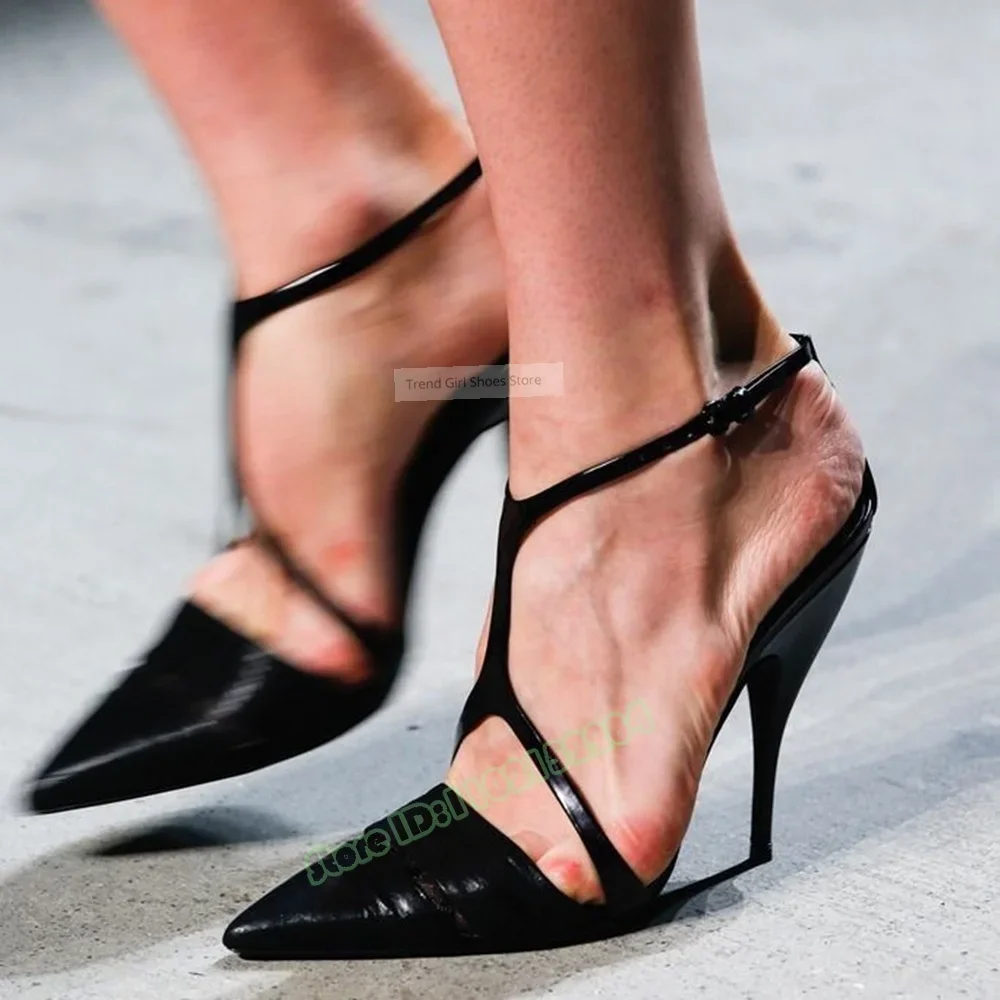 

Pointy Toe Leather Sandals Stiletto Heels Buckles Straps Hollow Sandals Women Sexy Shoes Summer Party Runway Designer Shoes New