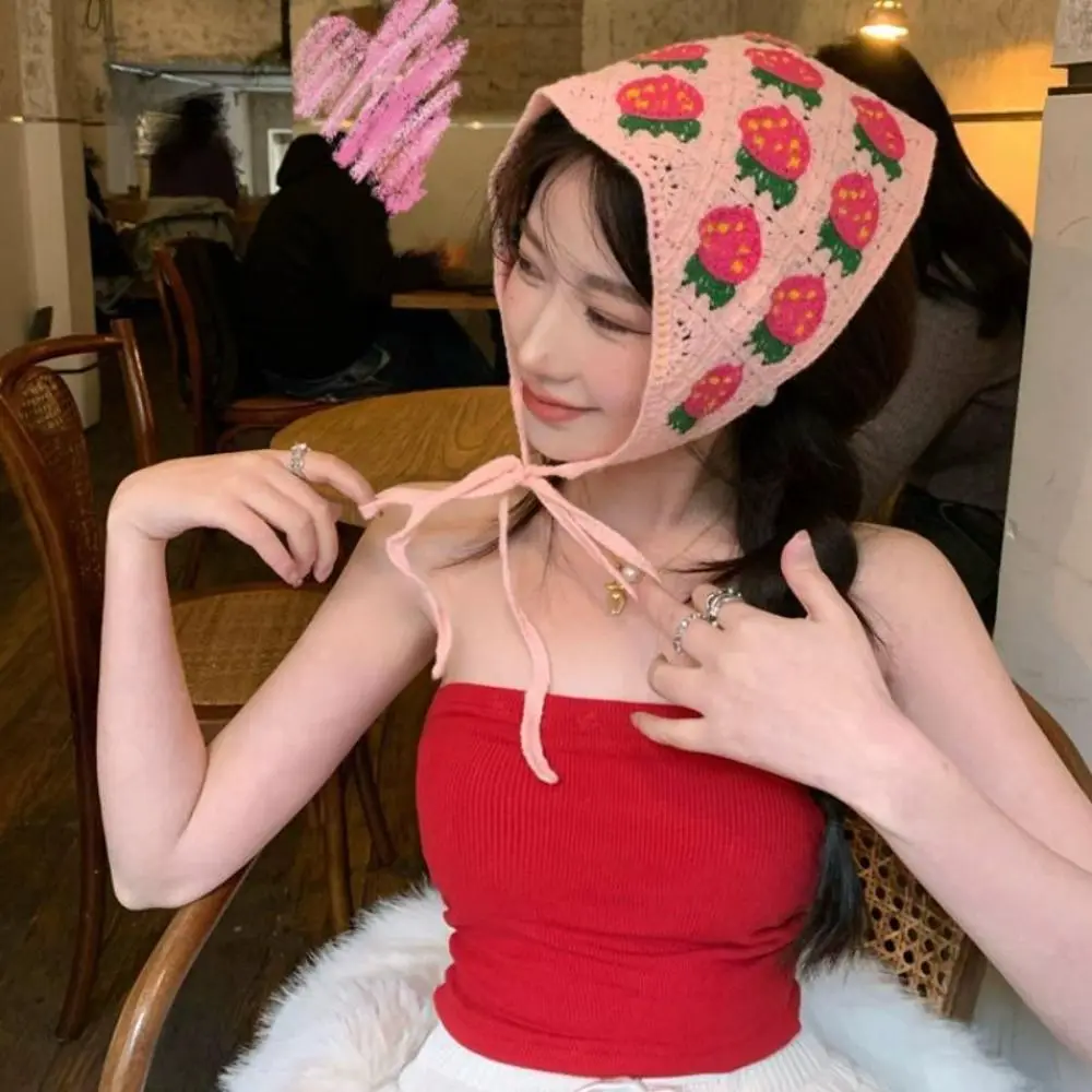 French Pastoral Style Triangle Headband Knitted Handmade Crochet Headscarf Hat Flower Strawberry Girls Headband Towel