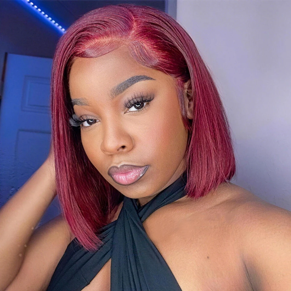 

99J Burgundy Lace Front Wigs Human Hair 13x4x1 L Side Part Short Bob Wig 180% Density Wine Red 8-16Inch