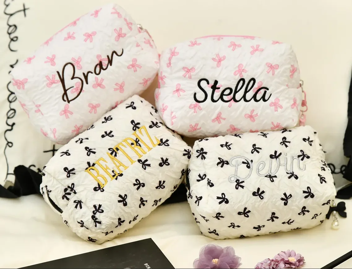 Personalized Bow Makeup Bag - Embroidered Custom Monogram Pouch - Cosmetic Bag - Bridesmaid Gifts - Mothers Day Gift