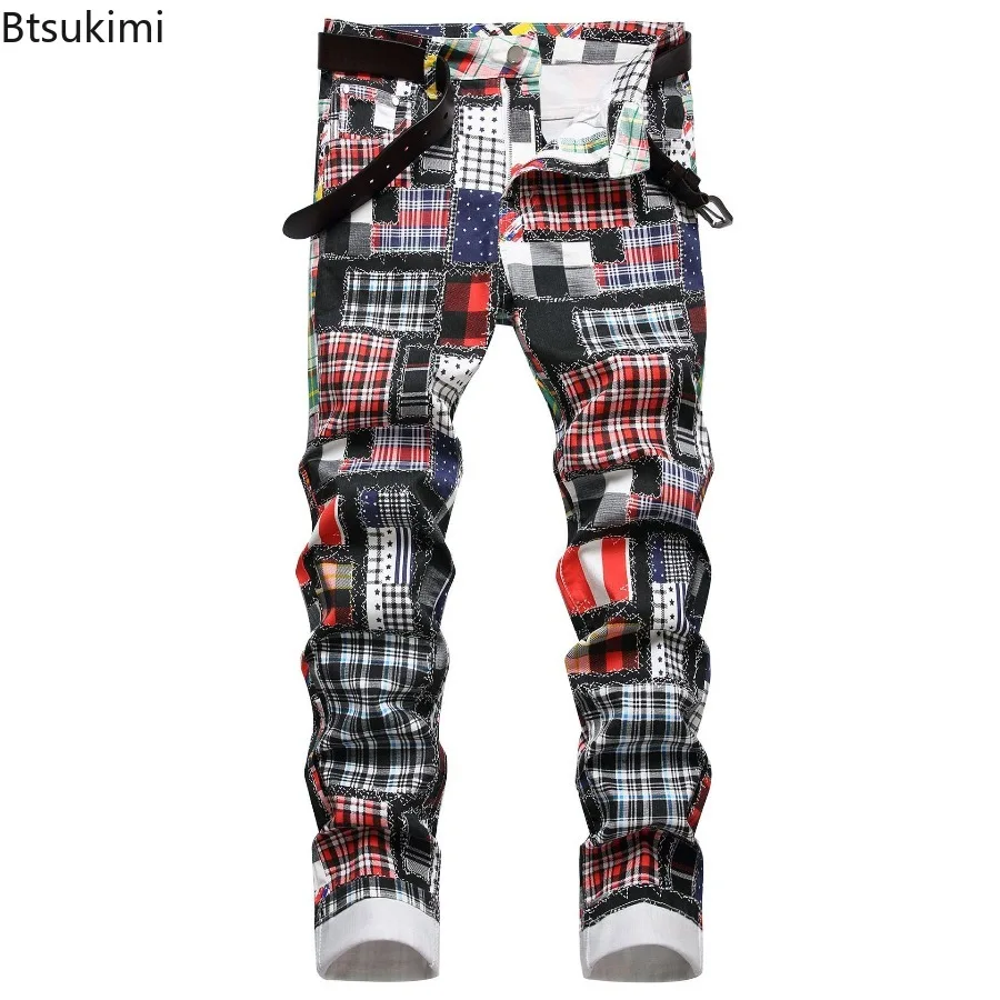 Men Plaid Digital Print Jeans Fashion Patches Patchwork Stretch Denim Pants Slim Straight Trousers Male Fashionable Streetwear
