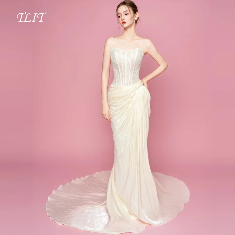 TLIT เรียบหรูสีงาช้างผ้าไหมออร์แกนซ่างานแต่งงานชุดเกาหลีถ่ายภาพเดรปชุดเจ้าสาวที่ไม่มีสายหนังที่กำหนดเองอย่างเป็นทางการผู้หญิง