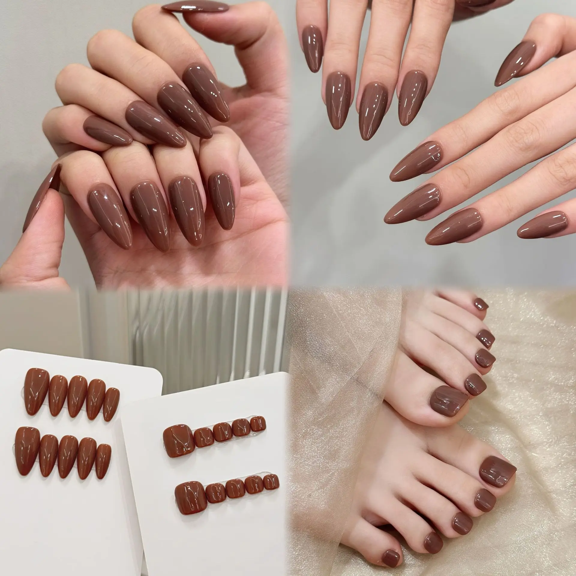 10pcs Handmade Press on Nails Simple Solid Color Almond Fake Nails Full Cover Wearable Lady Summer Brown False Toenails Set