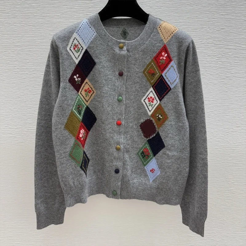 

High-quality women's multi-color diamond-pattern single-button cardigan knitted sweater fashion 251004180