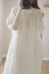 100% Cotton Embroidery Hollow Out Lace Loose Long Dress 2024 Summer Women Casual Linen Big Size Outfits Girl Midi Dress X1070