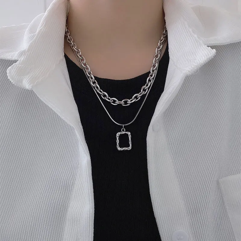 Stainless Steel Double Layer Square Hollow Frame Pendant Necklace Hip Hop Harajuku Ins Style Collarbone Jewelry Women