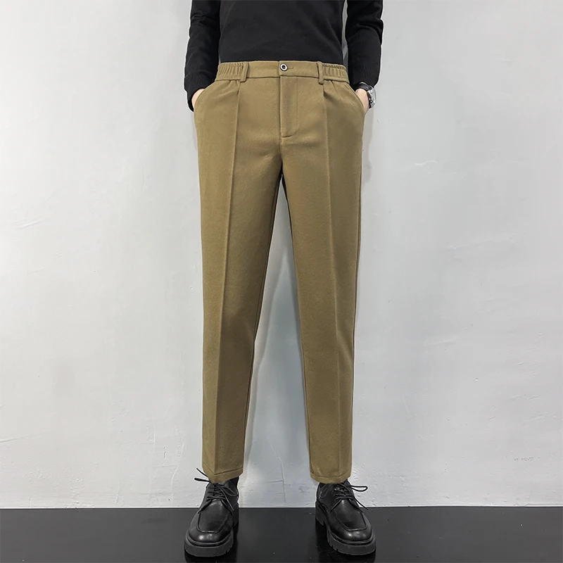 

Autumn Winter Thick Woolen Cloth Casual Suit Pants Straight Drape Korean Fashion Business Brand Trousers Male Coffee Brown