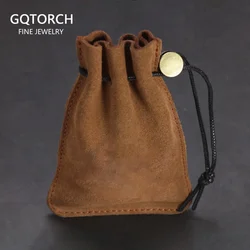 Bolsos de cuero genuino para embalaje de regalo de joyería con cierre de botón de presión de latón con cordón