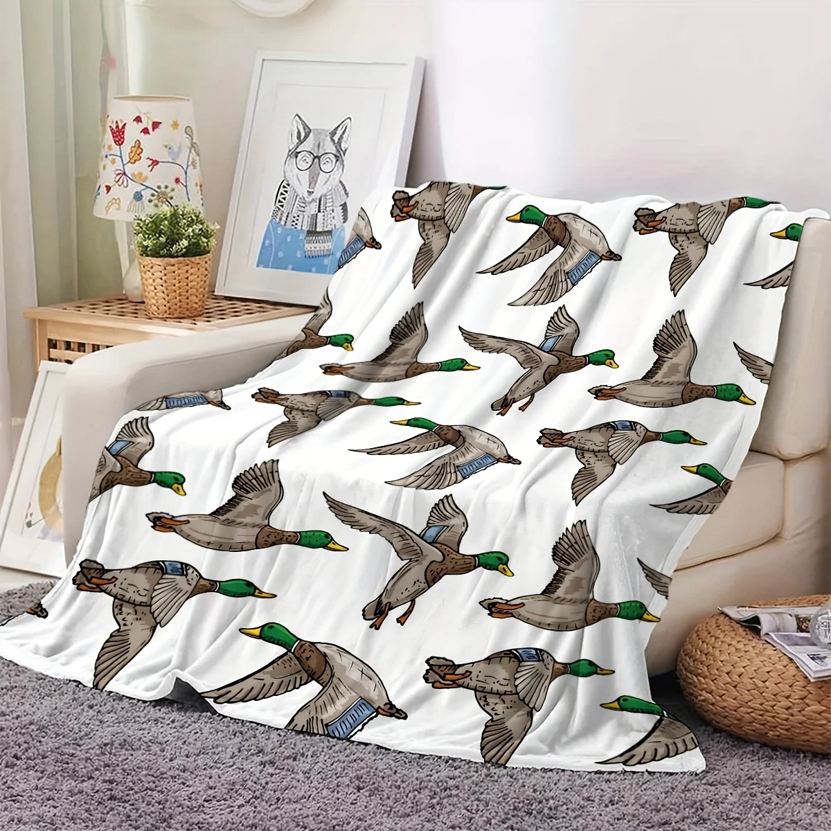 Elegant Green Head Duck Flannel Blanket Nature Inspired Colorful Ducks Design Tear Resistant All Season Use