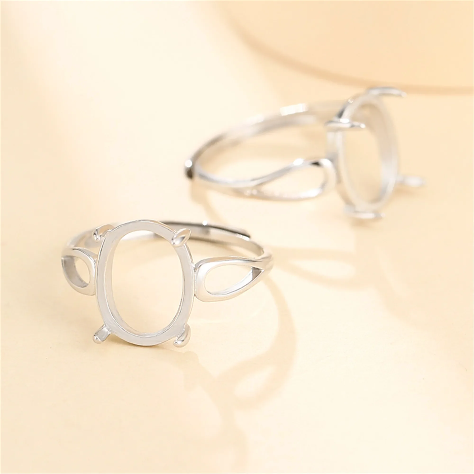 Ring Blank for 9x12mm Oval Cabochons White Gold Plated 925 Silver Adjustable Ring Base