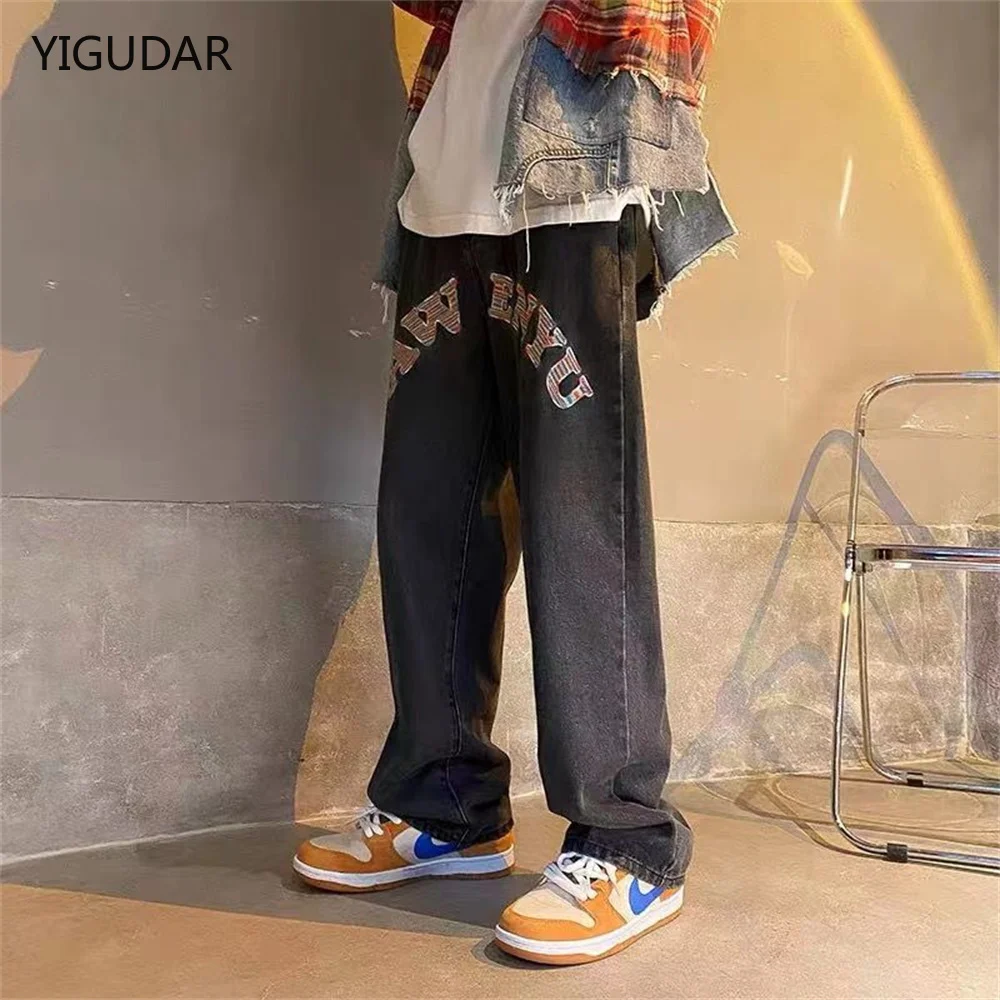 

Jeans men street embroidery wide leg pants hip hop spring and autumn loose straight tube tide brand mop high street long pants