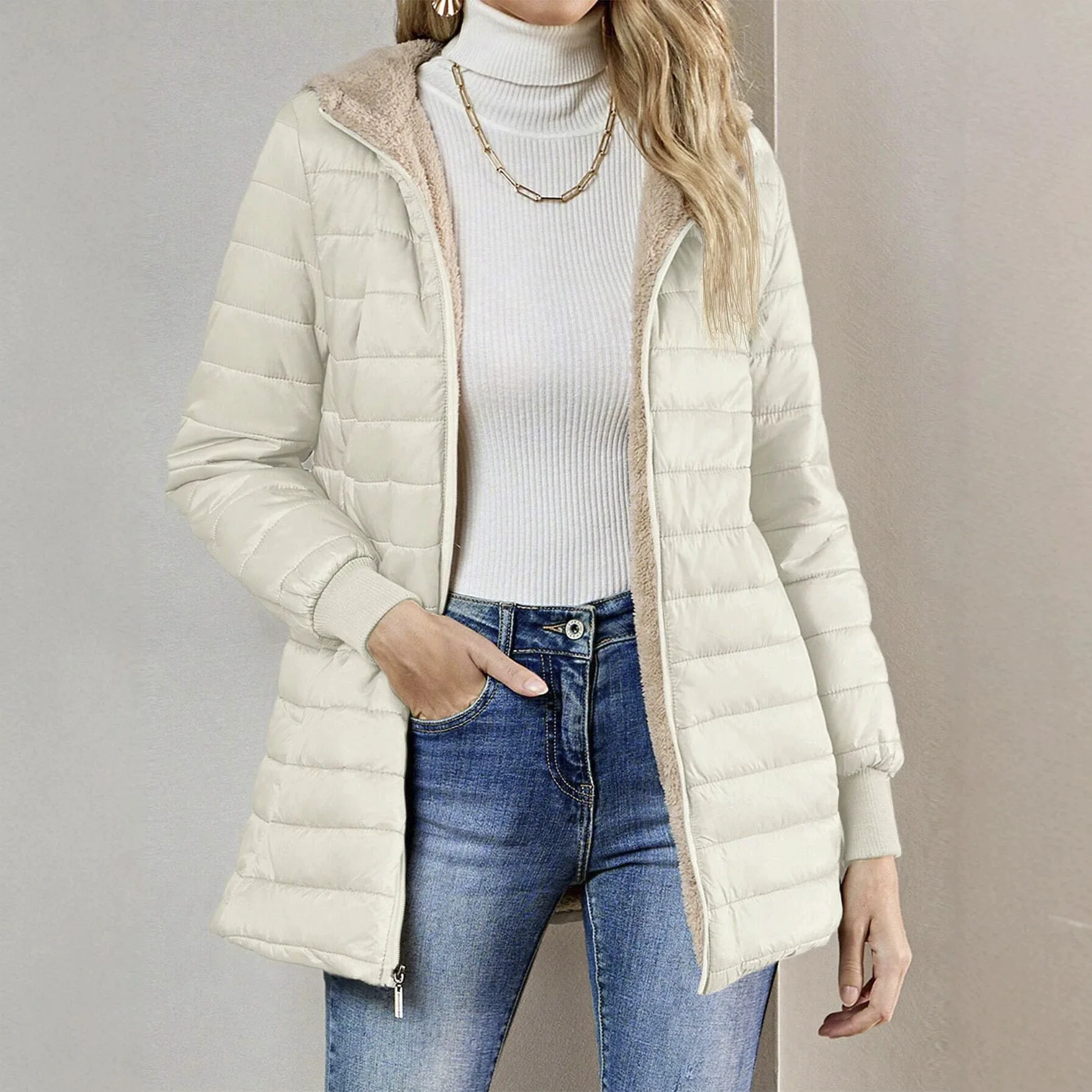 Women's Fashion Winter Quilted Warm Jacket Full Slim Fit Zipper Hooded Parka Mid-Length Lightweight Portable Thin Jacket New