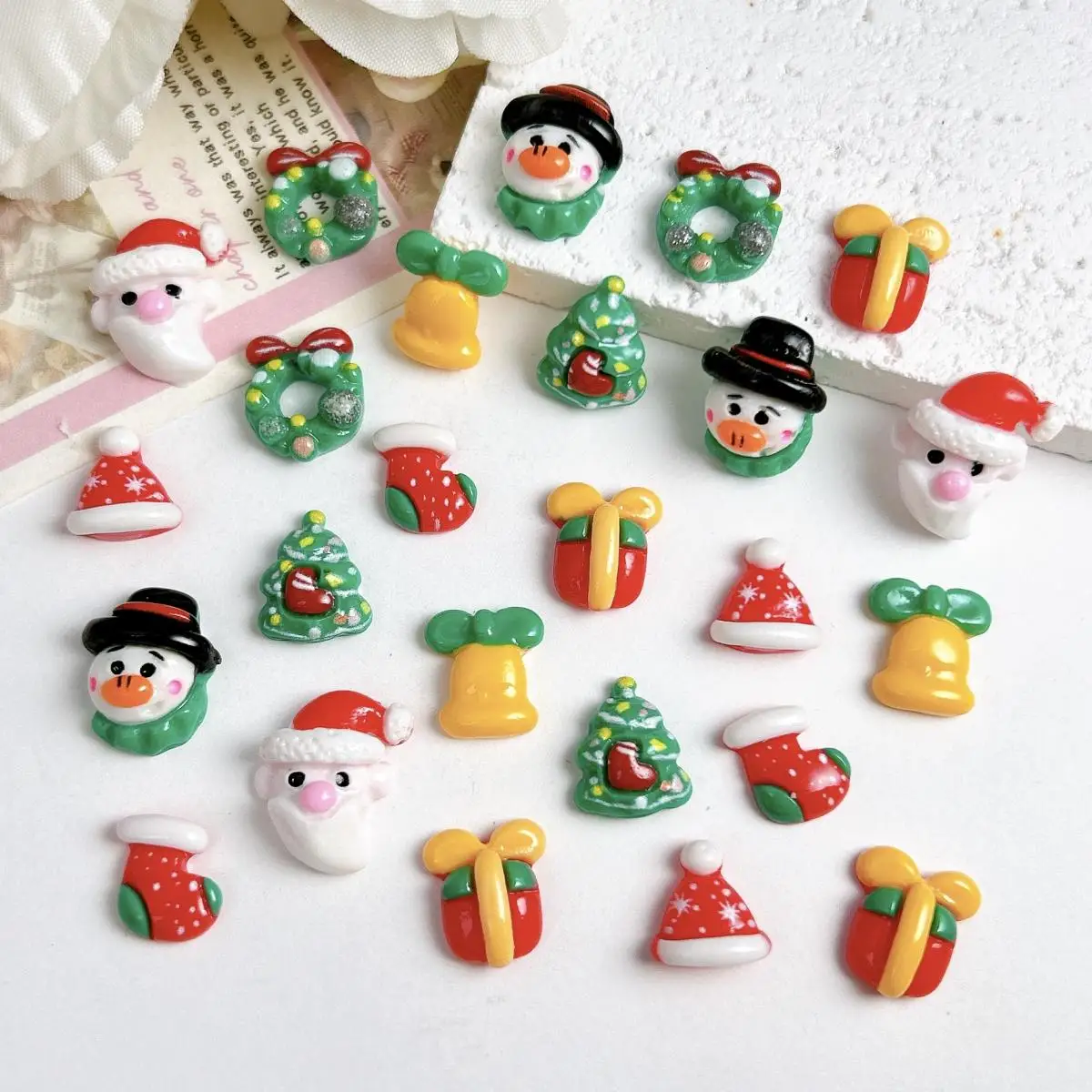 

20PCS 3D Cute Creative Christmas Series Resin Nail Art Charms New Colorful Painted Glossy Bells Santa Claus Nail Decorations DIY