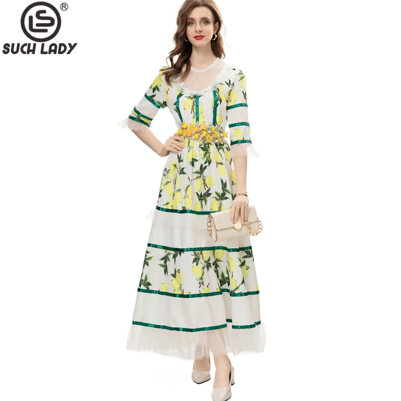 Women's Runway Dresses O Neck 3/4 Sleeves Tiered Printed Beaded Patchwork Elegant Fashion Designer Maxi Vestidos