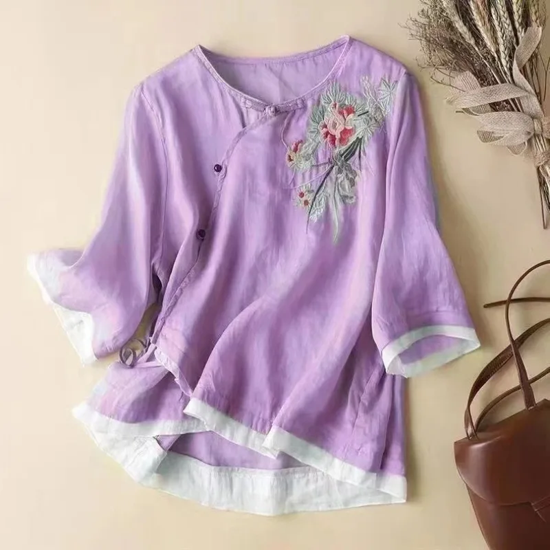 

Ethnic Style Disc Button Embroidered Three-quarter Sleeve Linen Shirt with Slanted Placket for Women's Summer New Top Blouses