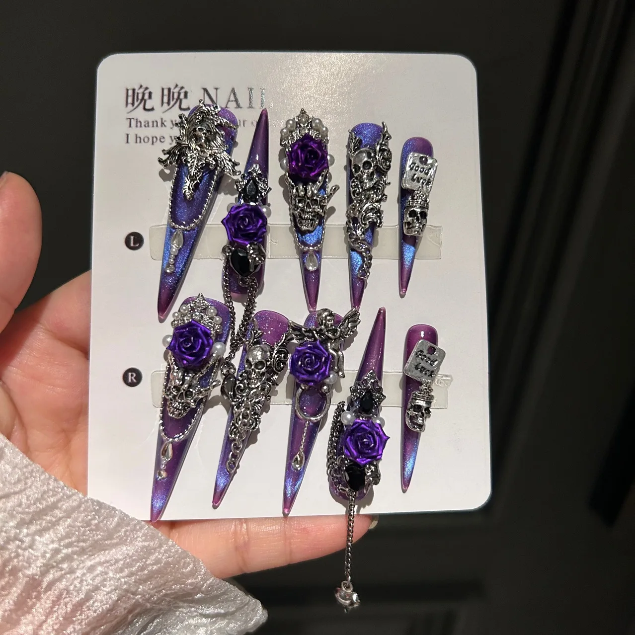 

Gothic Dark Press On Nails Iridescent Purple Laser Resin Black Diamonds Multiple Sizes Left Right Hands Easy to Apply Reusable