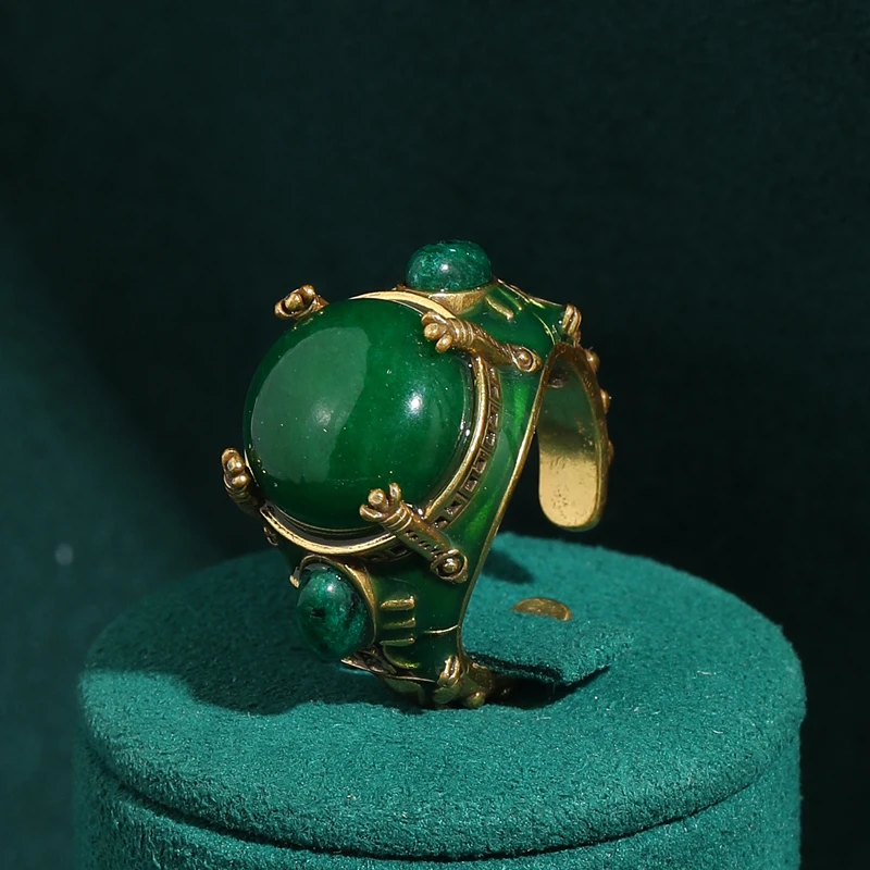 Vintage Large Round Natural Stone Green Rings Gold Color Retro Luxury Style Women For 2026 Wedding Brand Accessories New Jewelry