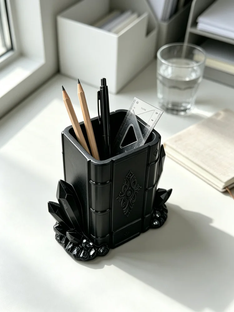 Personalized Gift: Magic Ancient Book Pen Holder, Dark Gothic Style Crystal Cluster Base, Black Retro 3D Embossed Petg Material Stationery Storage Holder, Desktop Organizer for Storing Makeup Brushes, Pencils, Pens, Scissors, Rulers, Suitable for Student Desks, Study Rooms, Office Desks, Dressing Tables, Desktop Decoration, Halloween Gift for Dark-Themed Enthusiasts