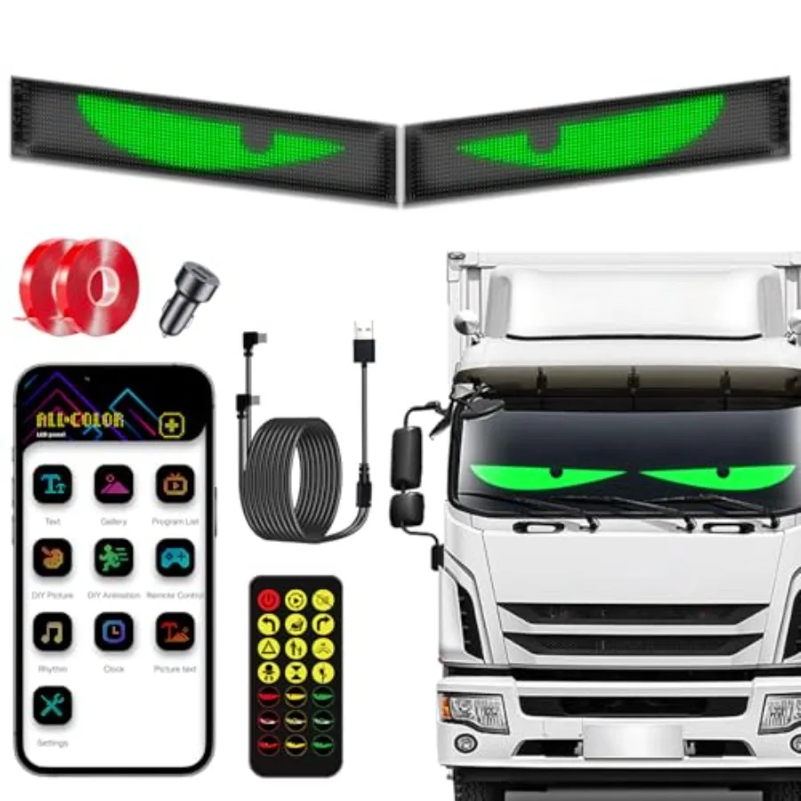 

Светодиодные фонари «Дьявольские глазки» 23,6x4,73 дюйма для лобового стекла автомобиля/грузовика, 2 шт., с управлением через приложение/пульт, идеальная синхронизация, DIY текст/изображение, гибкое управление