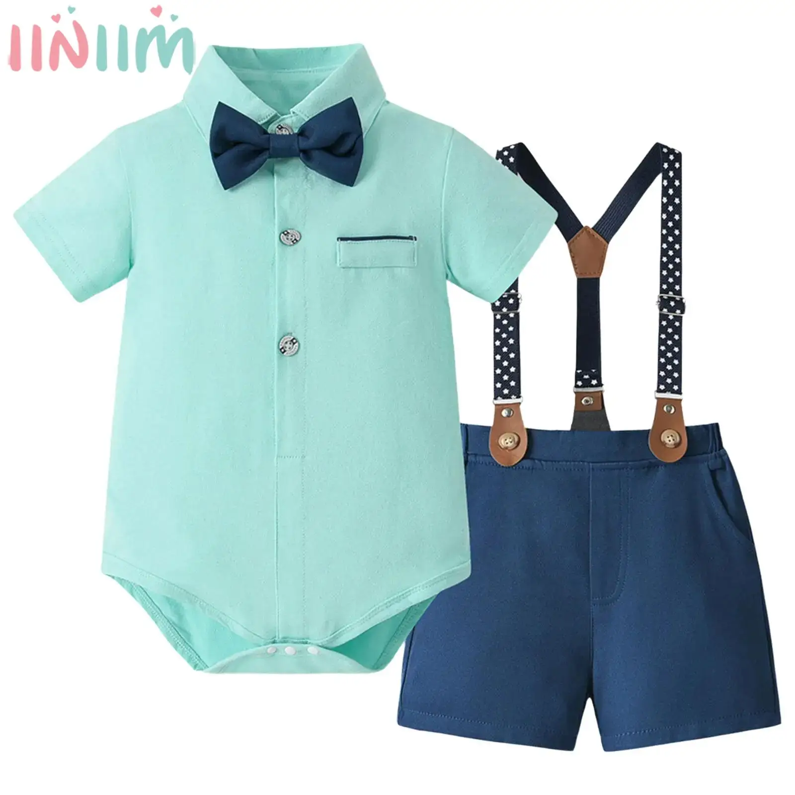 

Baby Boys Summer Cotton Gentleman Suit Baptism Birthday Wedding Party Formal Set Short Sleeve Romper with Bow Suspender Shorts