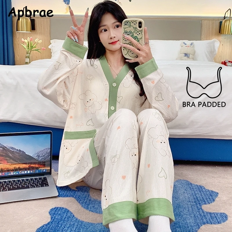 New Autumn Sweet Girl Pajamas with Bra Pads Long Sleeves Full Pants Cardigan Pajama Fashion Lapel Pijamas Soft Woman Nightwear