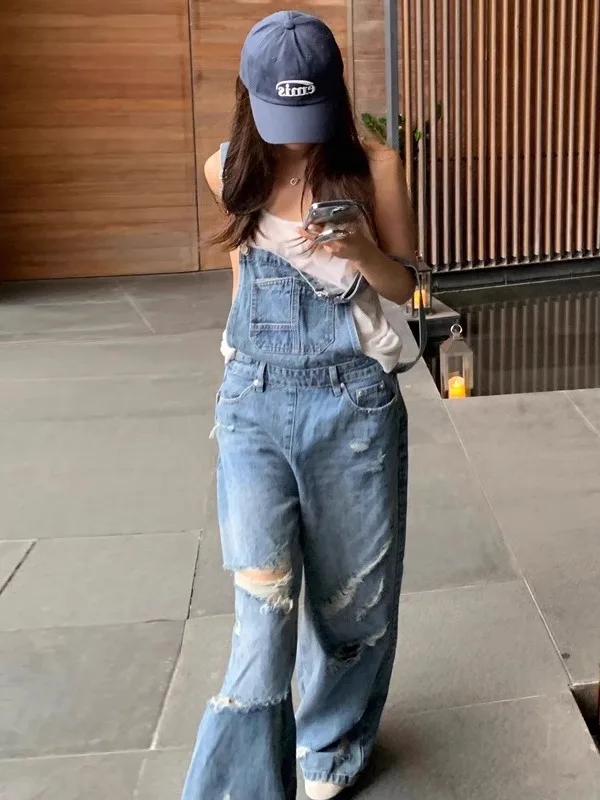 Retro Hong Kong Sle Women's Denim Overalls Summer 2025 Loose High Waist Straight Leg Wide Leg Pants Korean Version